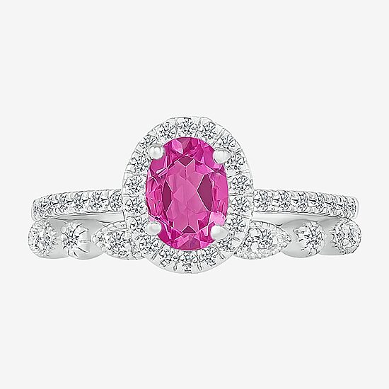 Modern Bride Gemstone Womens Lab Created Pink Sapphire 14K Gold Oval Bridal Set