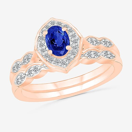 Modern Bride Gemstone Womens Lab Created Blue Sapphire 14K Gold Oval Bridal Set