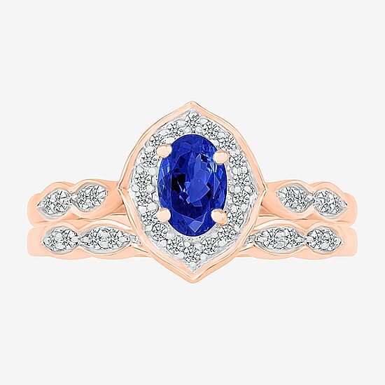 Modern Bride Gemstone Womens Lab Created Blue Sapphire 14K Gold Oval Bridal Set