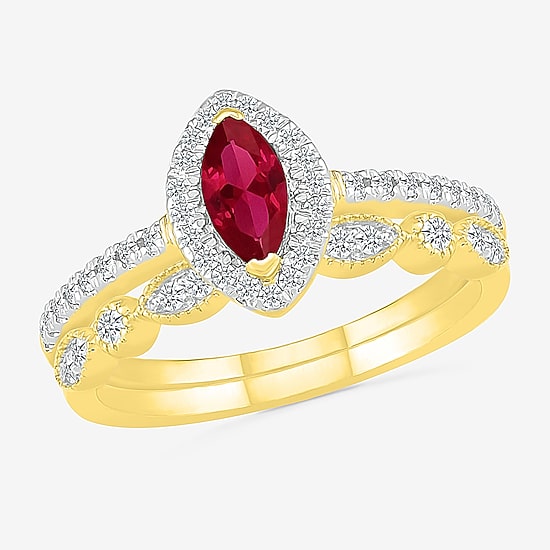 Modern Bride Gemstone Womens Lab Created Red Ruby 14K Gold Marquise Bridal Set