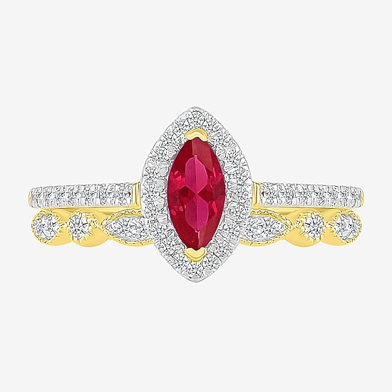 Modern Bride Gemstone Womens Lab Created Red Ruby 14K Gold Marquise Bridal Set