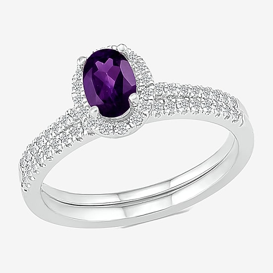 Modern Bride Gemstone Womens Genuine Purple Amethyst 14K Gold Oval Bridal Set