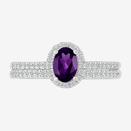 Modern Bride Gemstone Womens Genuine Purple Amethyst 14K Gold Oval Bridal Set