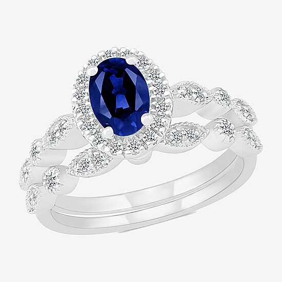 Womens Lab Created Blue Sapphire 14K Gold Oval Bridal Set