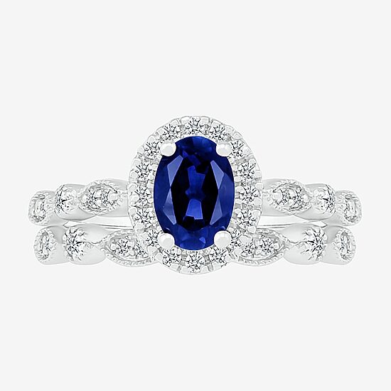Womens Lab Created Blue Sapphire 14K Gold Oval Bridal Set
