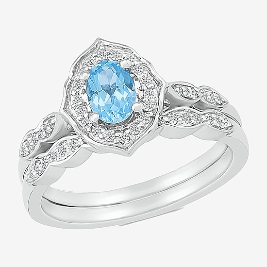 Modern Bride Gemstone Womens Genuine Blue Topaz 14K Gold Oval Bridal Set