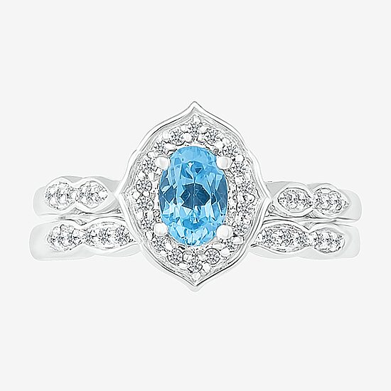 Modern Bride Gemstone Womens Genuine Blue Topaz 14K Gold Oval Bridal Set