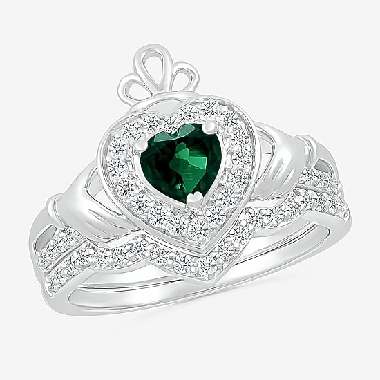 Modern Bride Gemstone Womens Lab Created Green Emerald 14K Gold Claddagh Claddagh Bridal Set