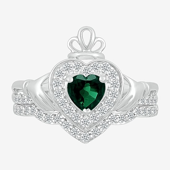 Modern Bride Gemstone Womens Lab Created Green Emerald 14K Gold Claddagh Claddagh Bridal Set