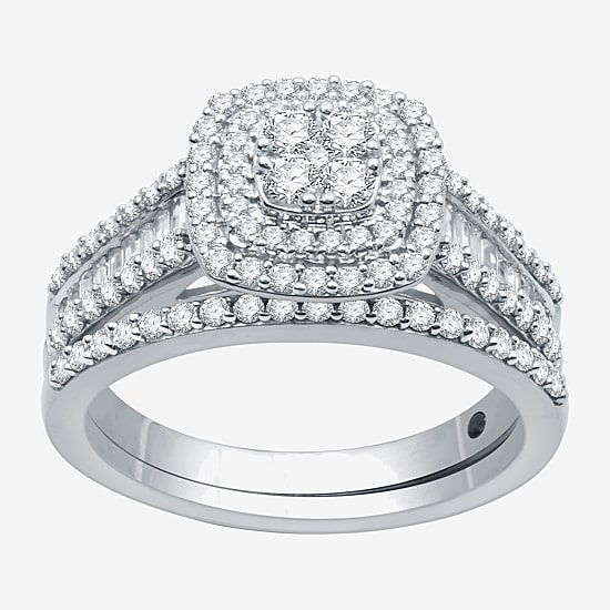 I Said Yes (H-I / I1) 1 CT.T.W. Lab-Grown Diamond Cushion Side Stone Halo Bridal Set in Sterling Silver