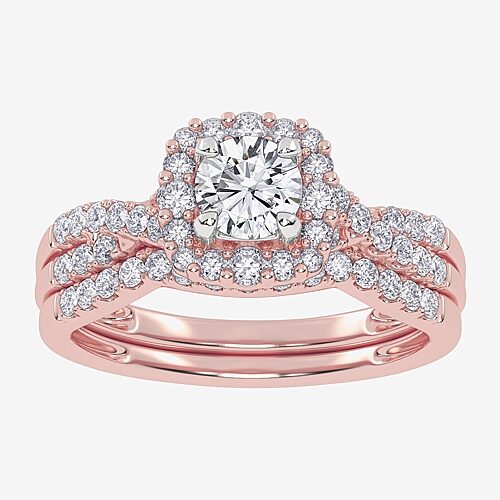 Signature By Modern Bride (G-H / Si1-Si2) Womens 7/8 CT. T.W. Lab Grown White Diamond 10K Gold Side Stone Halo Bridal Set, 9, Rose