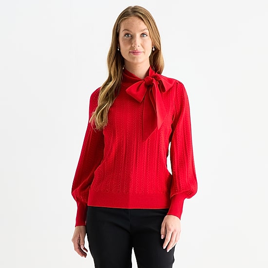 Liz Claiborne Womens Split Tie Neck Long Sleeve Pullover Sweater