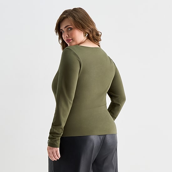 Ashley Graham Wire Notch Womens Plus Scoop Neck Long Sleeve T-Shirt
