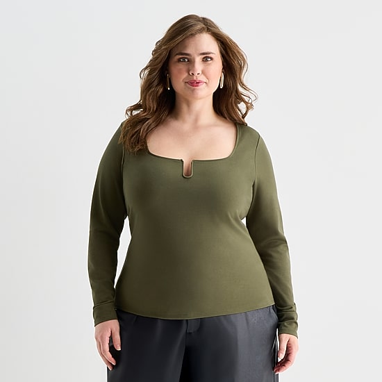 Ashley Graham Wire Notch Womens Plus Scoop Neck Long Sleeve T-Shirt