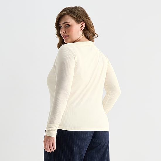 Ashley Graham Fine Rib Womens Plus Asymmetrical Neck Long Sleeve T-Shirt