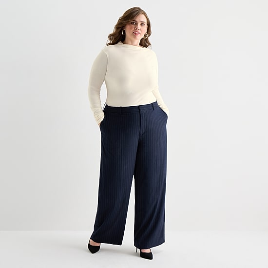 Ashley Graham Fine Rib Womens Plus Asymmetrical Neck Long Sleeve T-Shirt