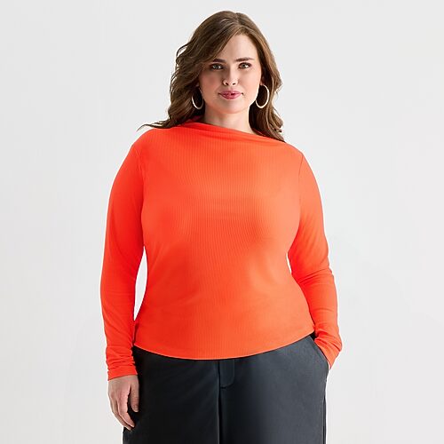 Ashley Graham Fine Rib Womens Plus Asymmetrical Neck Long Sleeve T-Shirt, 3x, Red