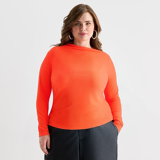 Ashley Graham Fine Rib Womens Plus Asymmetrical Neck Long Sleeve T-Shirt