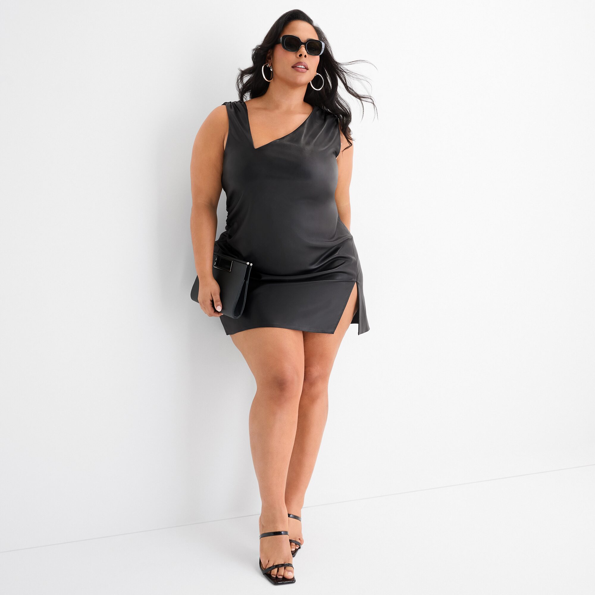 Ashley Graham Mini Womens Plus Asymmetrical Neck Sleeveless Faux Leather Sheath Dress