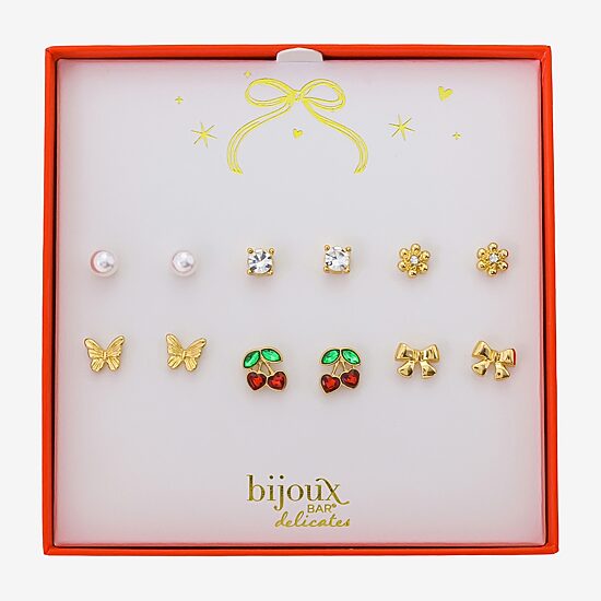 Bijoux Bar Delicates Gold Tone Womens Red Glass Bow Butterfly Cherries 6 Pair Earring Set