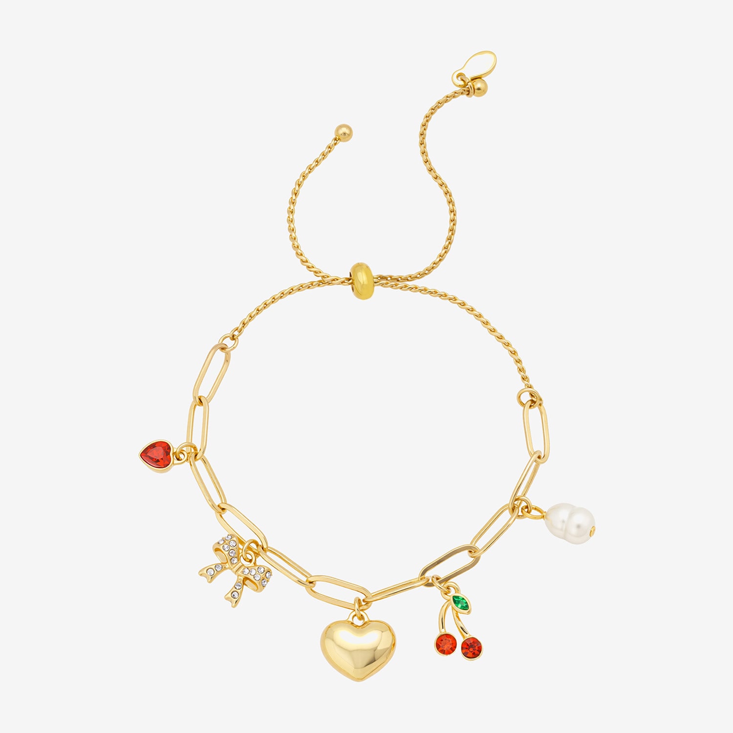 Bijoux Bar Delicates Gold Tone Womens Glass Bow Cherries Heart Charm Bracelet