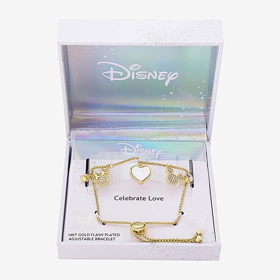 Disney Classics Womens Crystal 10K Gold Over Brass Heart Mickey Mouse Minnie Mouse Charm Bracelet
