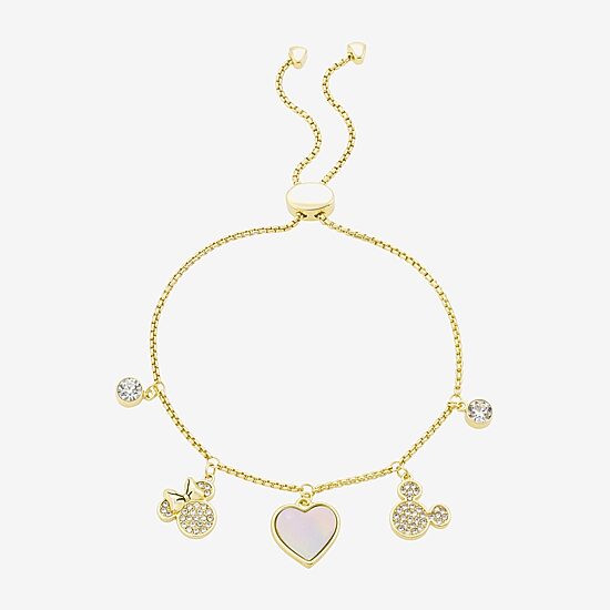 Disney Classics Womens Crystal 10K Gold Over Brass Heart Mickey Mouse Minnie Mouse Charm Bracelet