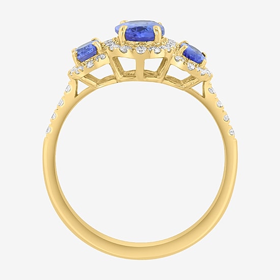 Effy Final Call Limited Quantities! Womens 1/4 CT. T.W. Genuine Blue Tanzanite 14K Gold Oval Halo 3-Stone Cocktail Ring