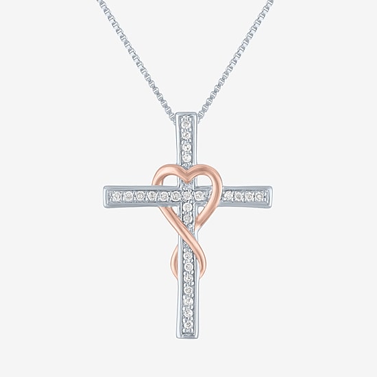 Cross (G-H, Si2-I1) Womens 1/10 CT. T.W. Lab Grown White Diamond 14K Two Tone Gold Over Silver Cross Heart 18 Inch Pendant Necklace