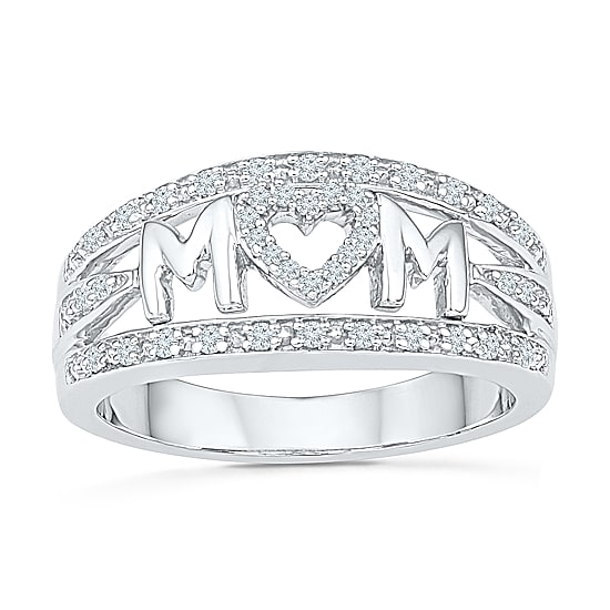 "Mom" Womens 2MM 1/5 CT. Natural White Diamond 10K Gold Heart Band