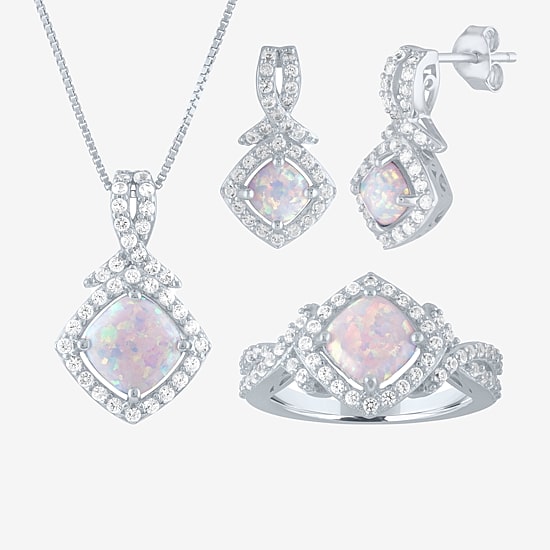 Womens Lab Created White Opal Sterling Silver Diamond 3-pc. Jewelry Set