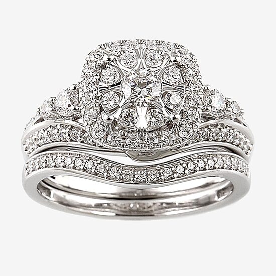 Signature By Modern Bride Womens 1 CT. T.W. Natural White Diamond 14K Gold Halo Bridal Set
