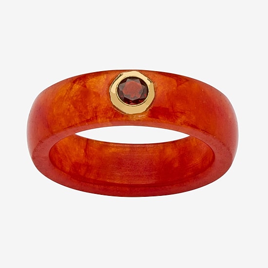 Womens 6MM Red Jade Band and Genuine Red Garnet Set in 10K Gold