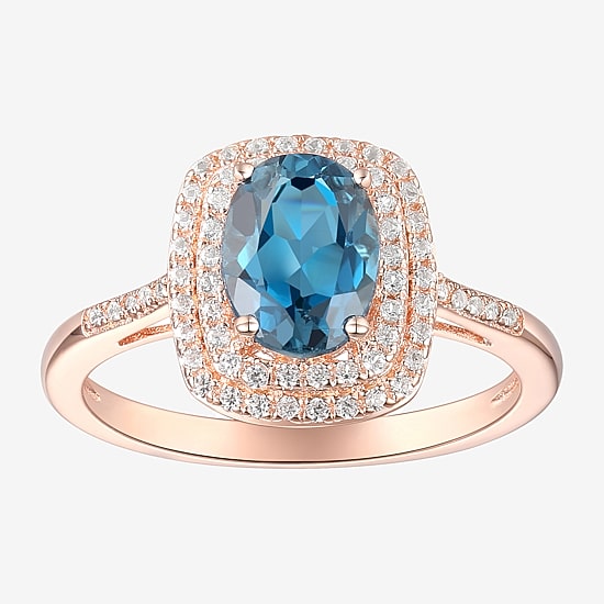 Womens Genuine Blue Topaz 14K Rose Gold Over Silver Halo Cocktail Ring