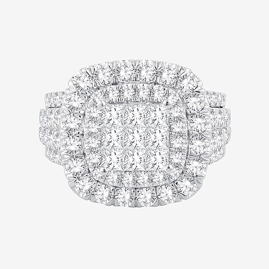 3 CT.T.W. Natural Diamond Cushion Shape Side Stone Halo Engagement Ring in 10K or 14K White Gold