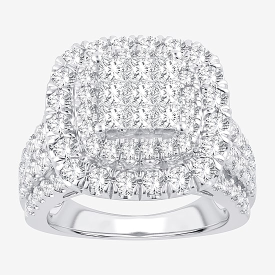 3 CT.T.W. Natural Diamond Cushion Shape Side Stone Halo Engagement Ring in 10K or 14K White Gold