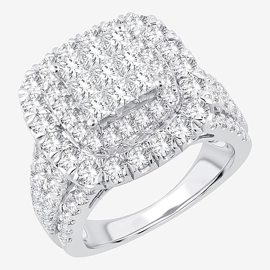 3 CT.T.W. Natural Diamond Cushion Shape Side Stone Halo Engagement Ring in 10K or 14K White Gold