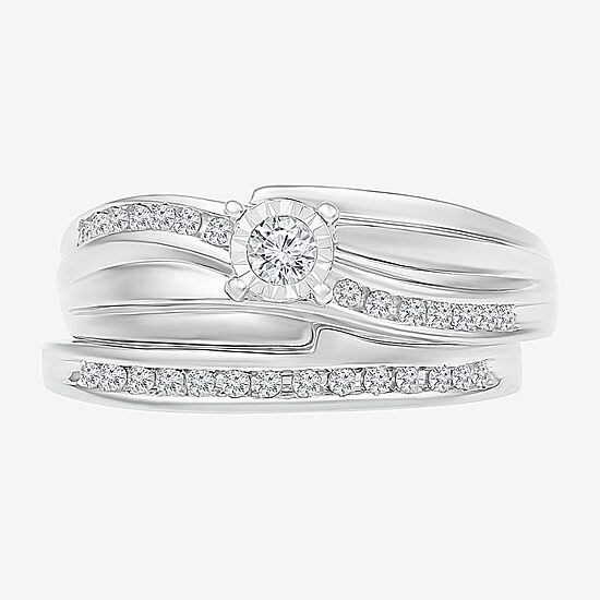 Womens 1/5 CT. Natural White Diamond Sterling Silver Round Side Stone Bridal Set