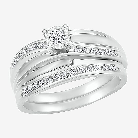 Womens 1/5 CT. Natural White Diamond Sterling Silver Round Side Stone Bridal Set