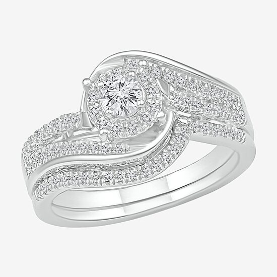 Womens 1/2 CT. T.W. Natural White Diamond Sterling Silver Round Halo Bypass  Bridal Set