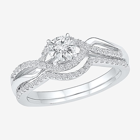 Womens 1/2 CT. T.W. Natural White Diamond 10K Gold Round Side Stone Crossover Bridal Set
