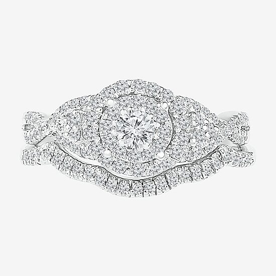 Womens 5/8 CT. T.W. Natural White Diamond 10K Gold Round Side Stone Halo Bridal Set