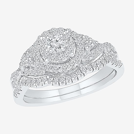 Womens 5/8 CT. T.W. Natural White Diamond 10K Gold Round Side Stone Halo Bridal Set