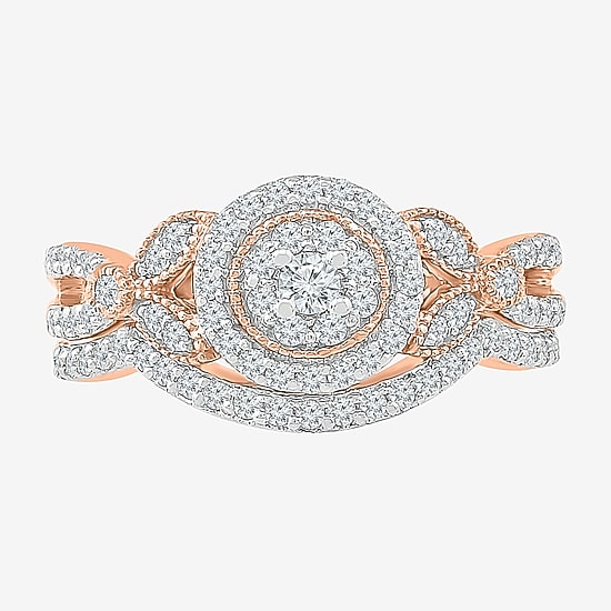 Womens 1/2 CT. T.W. Natural White Diamond 10K Gold Round Side Stone Halo Bridal Set