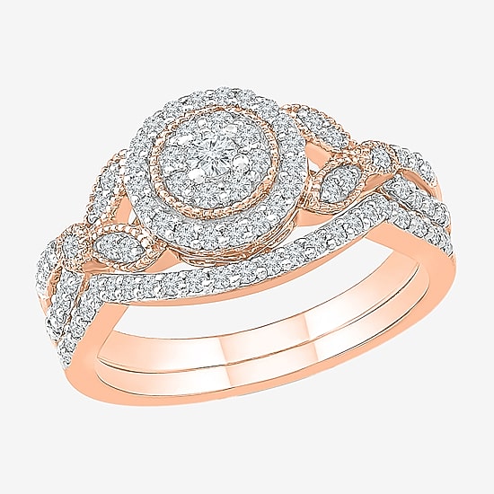 Womens 1/2 CT. T.W. Natural White Diamond 10K Gold Round Side Stone Halo Bridal Set