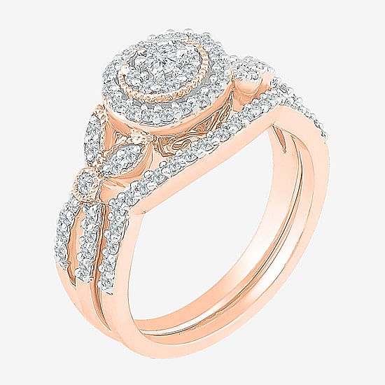 Womens 1/2 CT. T.W. Natural White Diamond 10K Gold Round Side Stone Halo Bridal Set