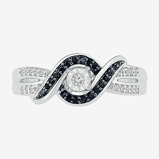 Womens 1/5 CT. Natural Black Diamond Sterling Silver Round Crossover Side Stone Promise Ring
