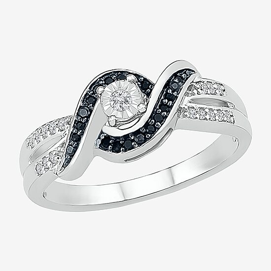 Womens 1/5 CT. Natural Black Diamond Sterling Silver Round Crossover Side Stone Promise Ring