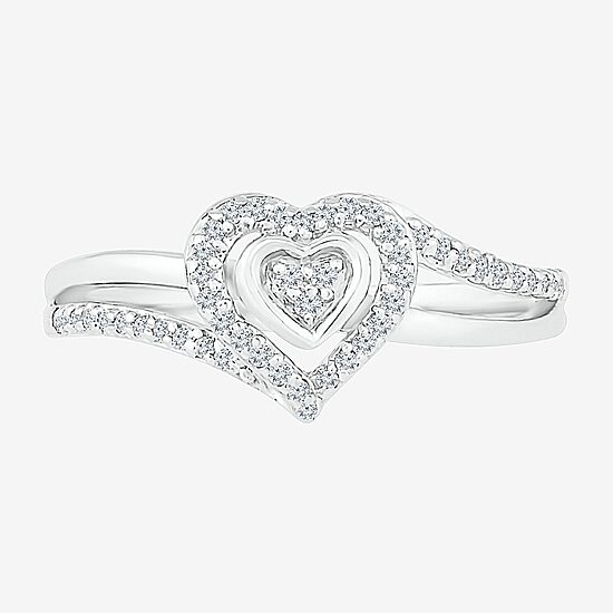 Promise My Love Womens 1/6 CT. T.W. Natural White Diamond Sterling Silver Heart Side Stone Halo Promise Ring