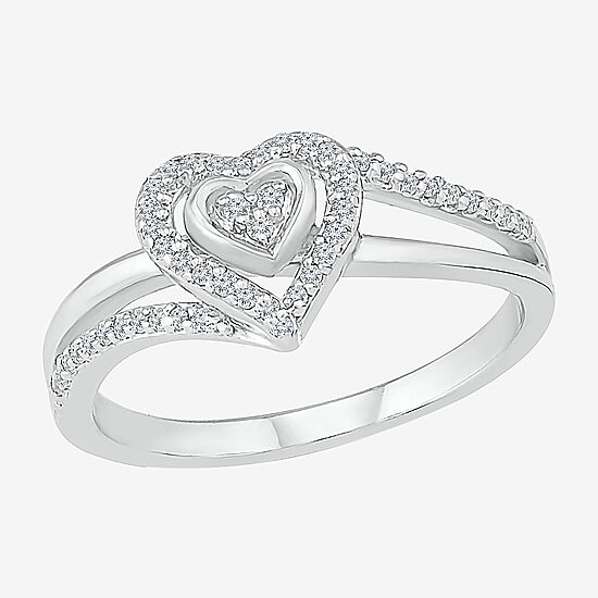 Promise My Love Womens 1/6 CT. T.W. Natural White Diamond Sterling Silver Heart Side Stone Halo Promise Ring